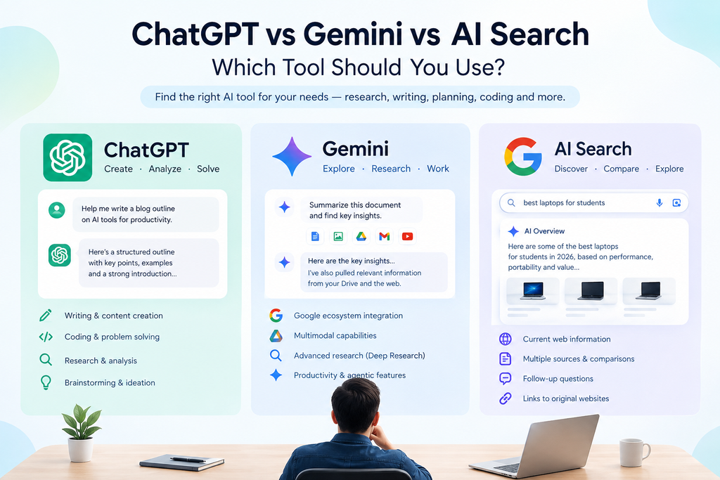 ChatGPT vs Gemini vs AI Search comparison showing three AI tools for writing, research, coding, productivity, and web discovery.